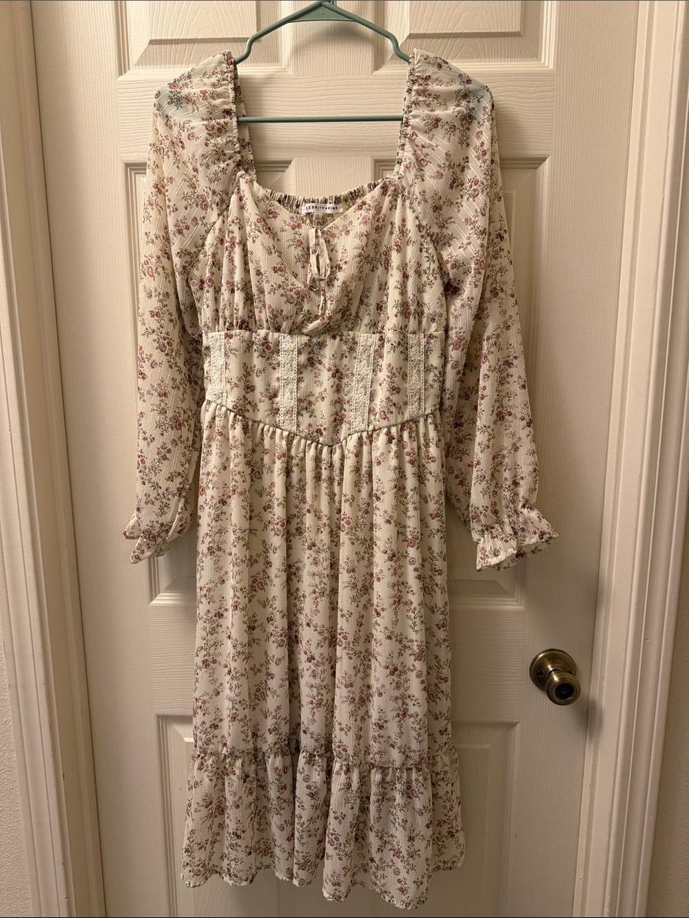 Celebrity Pink Cream Floral Long Sleeve Smocked Midi Dress